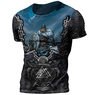 Afbeelding van PERSIMONE Heren Viking T Shirt Retro Casual Odin 3D Digitale Print Ronde Hals Korte Mouw Tops Gym Workout shirts, # 9, XXL