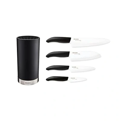Afbeelding van Kyocera Keramische messenset met GEN schilmes, universeel mes en santoku rond messenblok voor 8 messen, lemmet van zirkonia keramiek, handgeslepen, KB RD BK 4KN FK EU
