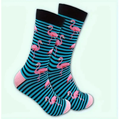 Afbeelding van Gestreepte Flamingo Sokken Grappige happy socks One Size (35 38) Blauw Grappig Cadeau Tip Kadotip Kinder