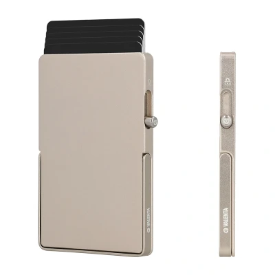 Afbeelding van Valenta Ultradunne Pasjeshouder MagSafe met Stand functie Uitschuifbaar Natural Titanium Videostand 7.1 mm dun max. 5 kaarten Sterke Magnetische Kaarthouder RFID NFC EXTRA kaartbeveiliging