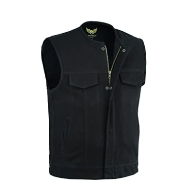 Afbeelding van Leatherick Heren lederen afwerking zware denim kraagloze biker stijl gilet met diepe zakken