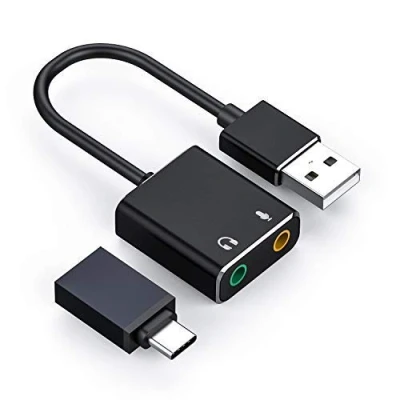 Afbeelding van USB audio adapter, externe stereogeluidskaart met 3,5 mm hoofdtelefoon en microfoonaansluiting, geschikt voor Windows, Mac, Linux, PC, mobiele telefoon, laptop, desktop (met Type C adapter)
