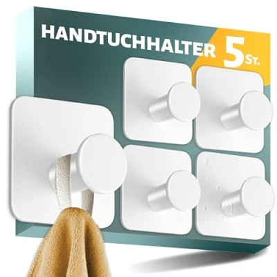 Afbeelding van Menz Handdoekhouder zonder boren, set van 5, stijlvolle witte haken, zelfklevend met speciale 3M kleefpads, moderne kleefhaken, ideaal als wandhaak, handdoekhaak, badkamer, roestvrij