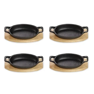 Afbeelding van ECHTWERK Serveerschaal van gietijzer, ovenschaal met serveerplank, grillpan, al ingebrand, geschikt voor ovens, grill, BBQ en inductie, ideaal serveren, kleine editie, 4 delig