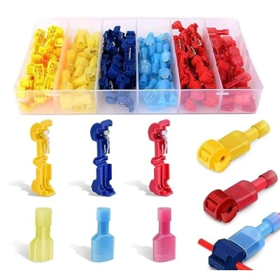 Afbeelding van T aftakverbinder, snelverbinder en platte stekker, snelverbinder, kit voor snelle verbindingskabels, 120 stuks, rood, blauw, geel