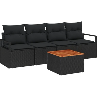 Afbeelding van vidaXL 5 delige Tuin Sofa Set met Kussens Zwart Poly Rattan Acacia, 2 zitter
