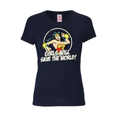 Afbeelding van Logoshirt Vrouwen T Shirt Wonder Woman DC Comics Girls Will Save The World met ronde hals van donkerblauw