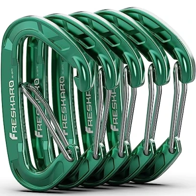 Afbeelding van FresKaro 5pack Carabiner Clips, Carabina clip Medium Duty, Aluminium Karabiner Klein Stevig, Quick Release Spring Snap Wire gate Hook, 8kN 816kg, voor Sleutelhanger Camping, flessenhouder, Mini, Groen