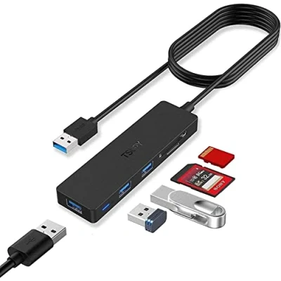 Afbeelding van TSUPY USB Verlengkabel Hub SD kaartlezer met 120 cm Extension Cable, SD/Micro Card Reader verdeler Zwart 3.0 voor stick, SD/TF etc