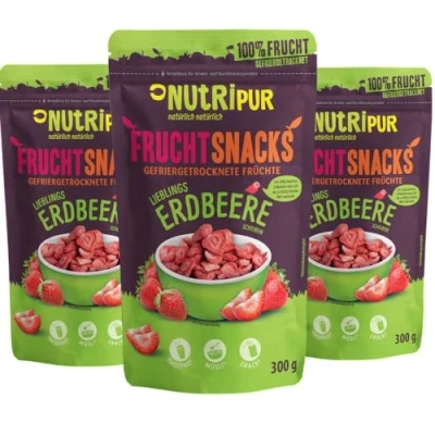 Afbeelding van aardbeien gevriesdroogd, 3 x 300 g: gedroogde aardbeienschijfjes ongesuiker, gevriesdroogde met puur fruit, volle smaak, bessen gevriesdroogd