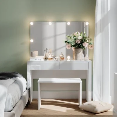 Afbeelding van Vicco AnnabelleKaptafel 110 cm met LED verlichting en bank Wit hoogglans/wit