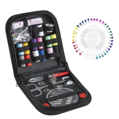 Afbeelding van Naaiset, 108 stuks, naai accessoires, 14 spoelen, draad, compleet mini naaigereedschap voor beginners, reizigers, familie en vrienden, zwart