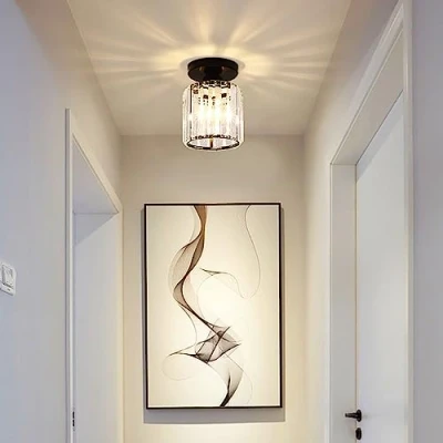 Afbeelding van Moderne Kristallen Plafondlamp, Mini Zwarte Plafondlamp E27 Ronde Kroonluchter, Voor Hal Entree Keuken Slaapkamer Woonkamer Verlichting