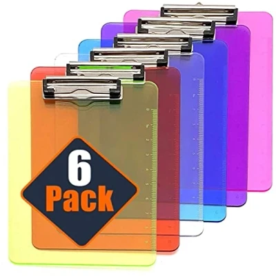 Afbeelding van KAHEIGN 6 stuks A4 transparant plastic klembord, gekleurde klembord papierhouder schrijfbord met laag profiel clip en liniaal schaalrand voor memoformulier document (31,5 x 22,5 cm)