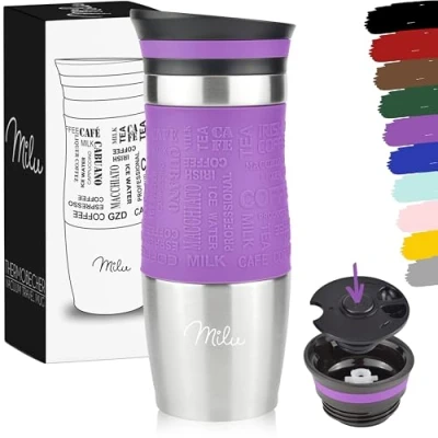 Afbeelding van Milu Thermosbeker Koffie To Go 370 &amp; 450 ml 100% Lekvrij Thermobeker, Koffiebeker Go, Drinkbeker van Roestvrij Staal Autobeker Dubbelwandige Isolatie Thermos Beker Auto Travel mug Thermo (370 Paars)