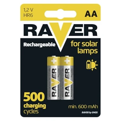 Afbeelding van EMOS Raver Solar AA Mignon Accu&#039;s, oplaadbare batterijen voor zonnelampen, 2 stuks, NiMH, 1,2 V, 600 mAh, HR6, oplaadbaar, V
