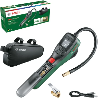 Afbeelding van Bosch Elektrische fietspomp/luchtpomp/minicompressor EasyPump (3,0 Ah accu, 3,6 V; automatische stopfunctie; 150 psi; 10,3 bar; led; USB C kabel; 3 adapters; Snelkoppelingsstekker; Fietstas)