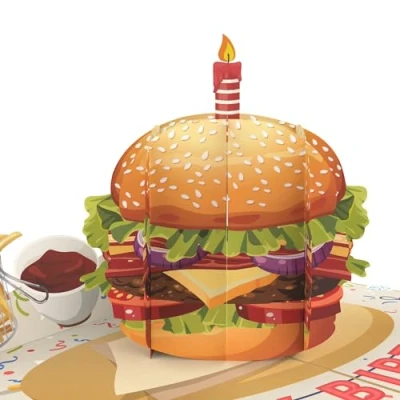 Afbeelding van MOKIO® Pop Up Kaart Hamburger met kaars 3D wenskaart voor een verjaardag