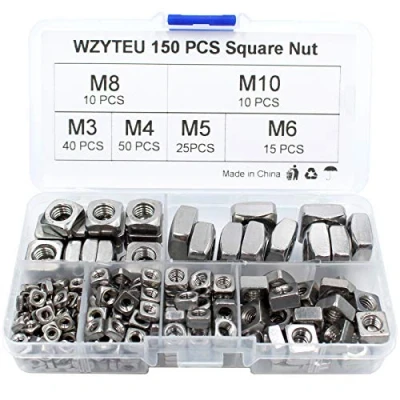 Afbeelding van WZYTEU 150 stuks vierkante moer M3 M4 M5 M6 M8 M10 roestvrij staal assortiment kit met plastic organizer box, machine schroef moeren bevestigingsgereedschap