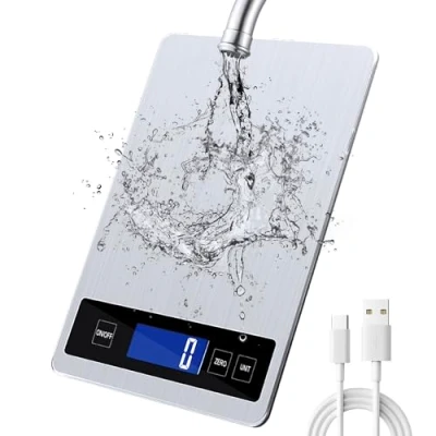 Afbeelding van Keukenweegschalen, 33 lb/15 kg digitale keukenweegschalen met LCD scherm+roestvrij staal+gehard glas, nauwkeurigheid tot 1 g g/kg/lb: oz/ml/fl&#039;oz USB of batterij bediend