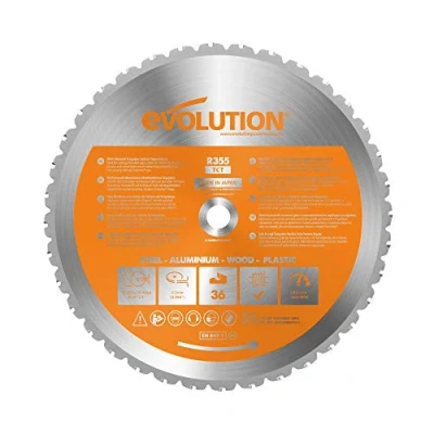 Afbeelding van Evolution Power Tools R355TCT zaagblad met 36 tanden en een uiteinde van carbide voor meerdere materialen zaagt hout, metaal, kunststof meer, 355 mm