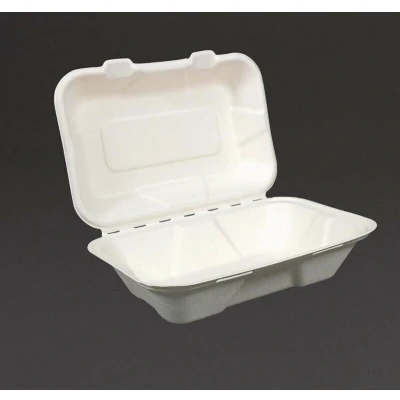 Afbeelding van Vegware composteerbare bagasse voedseldozen met scharnierdeksel 22.8cm