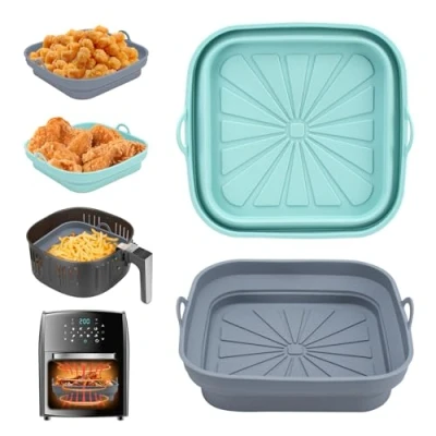 Afbeelding van Alyvisun Air Fryer Siliconen Pot, 2 Stuks Airfryer Pan Liners Herbruikbare Heteluchtfriteuse Mand Vierkant Opvouwbare Tray Rack Accessoires Basket voor Magnetron, Oven (Blauw+Grijs)