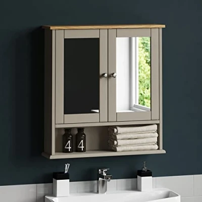 Afbeelding van Bath Vida Priano Badkamerkast met dubbele deur, hout, grijs, gespiegeld, wandmontage opbergmeubel