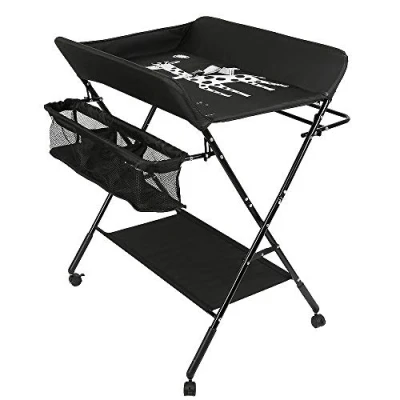 Afbeelding van Babyverschoontafel opvouwbare commode, mobiele commode met aankleedkussen, veiligheidsgordel en opbergvakken, ruimtebesparend stabiel (zwart)