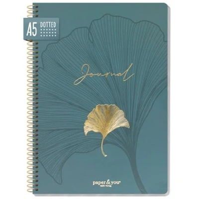 Afbeelding van paper&amp;you® Bullet Journal gestippeld A5 met spiraalbinding &quot;Blue Ginkgo&quot; 160 pagina&#039;s, notitieboek spiraal, college blok, spiraalblok, notitieblok, duurzaam en klimaatvriendelijk