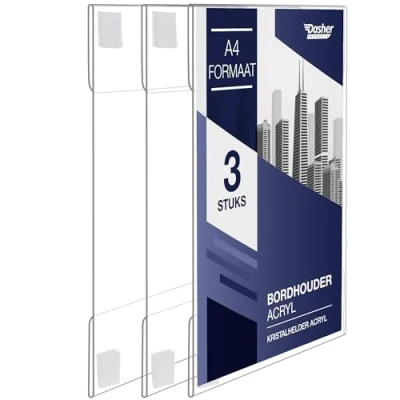 Afbeelding van Acryl bordenhouder om in te klemmen, A4, staand of liggend formaat, doorzichtige wandlijst, perfect voor thuis, kantoor, winkel, restaurant, met klittenbandsluiting wandbevestiging (A4 3 stuks)