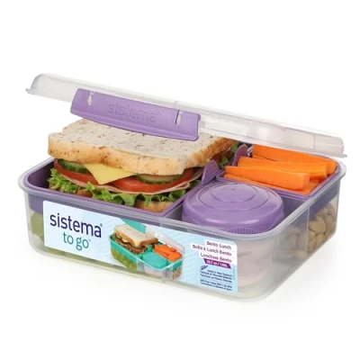 Afbeelding van Sistema TO GO Bento broodtrommel, 1,65 liter, broodtrommel voor school, met vakken en snackpan, BPA vrij, 1 stuk, mistig paars