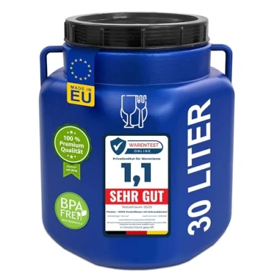 Afbeelding van plasteo® 30 liter brede hals met deksel en handgrepen, vierkant, blauw, geschikt voor levensmiddelen BPA vrij, kunststof vat, universeel dekselvat, watervat, regenton, opslagvat, blauw