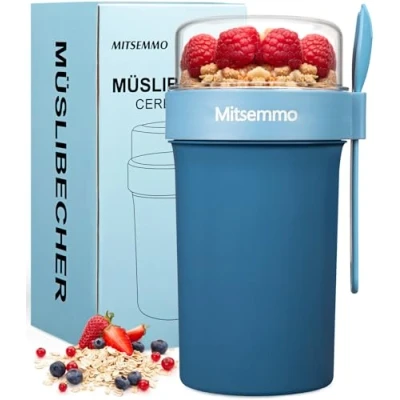 Afbeelding van mueslibeker to go, 760 ml + 230 ml, yoghurtbeker go voor kinderen met lepel, mueslibeker, ontbijtdoos, yoghurtbox blauw