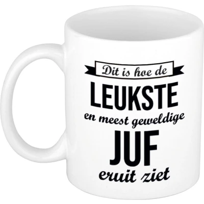 Afbeelding van Leukste en meest geweldige juf cadeau mok / beker wit 300 ml feest mokken