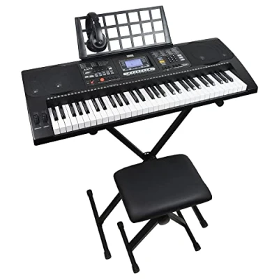 Afbeelding van Axus AXP2 aanslaggevoelig elektronisch keyboardpakket voor beginners, 61 toetsen, met statief, bankje, hoofdtelefoon, stroomadapter en muziekstandaard.