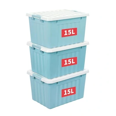 Afbeelding van Cetomo 15L x 3 opbergdozen met deksels, plastic opbergbakken vergrendelende gespen, kliksluiting, stapelbaar, nesten, organizer voor thuiskantoorkleding, blauw, Pack