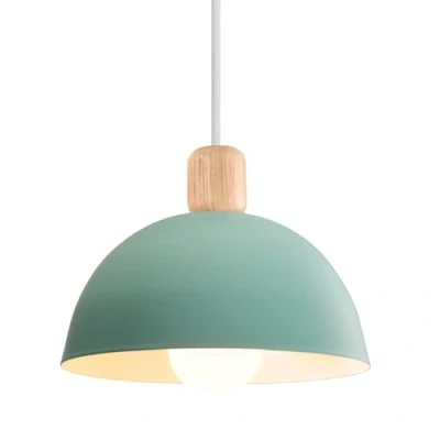 Afbeelding van iDEGU Retro hanglamp, modern, halfcirkelstijl, plafondlamp, E27, van hout, metaal, voor slaapkamer, eetkamer of keuken, diameter 20 cm, groen