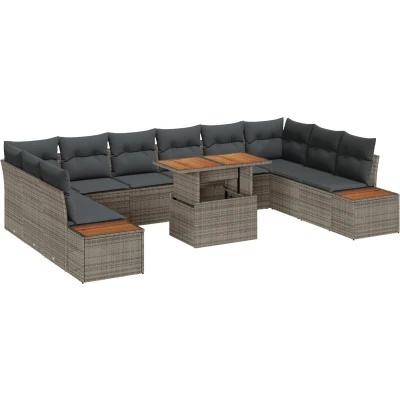 Afbeelding van vidaXL 11 delige Tuin Eettafelset met Kussens Grijs Poly Rattan Acacia