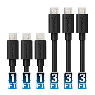 Afbeelding van Sabrent [6 Pack] 22AWG Premium Micro USB kabels (X3 3ft + X3 1ft) Hoge snelheid 2.0 A Male naar B Sync en Charge [Zwart] (CB U631)