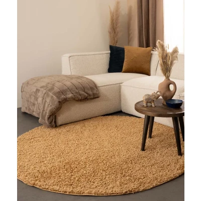 Afbeelding van Rond Hoogpolig Vloerkleed Shaggy Trend Effen Goud 240 Cm