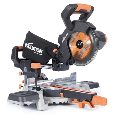 Afbeelding van Evolution Power Tools R185SMS Li draadloze schuifverstekzaag met multi materiaal snijden, 45 schuine rand, 50 verstek, 850W inclusief 185MM TCT blad, 3 jaar garantie, zwart/oranje, (064 0001)