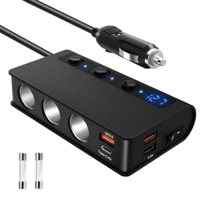 Afbeelding van Sigarettenaansteker Splitter van Auto 180W QC 3.0 PD18W USB C &amp; 2* Verdeler Adapter DC 12V/24V Autolader met 3 Stopcontact 4 Oplaadpoorten LED Voltmeter Stroomschakelaar