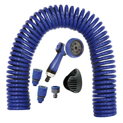 Afbeelding van S&amp;M 590078 Spiraalslangset, blauw, 15 meter (9 mm diameter) + multifunctioneel pistool met 8 sproeiers automatische binnendraad adapter ¾ inch ½ 2 snelkoppelingen ophangbeugel