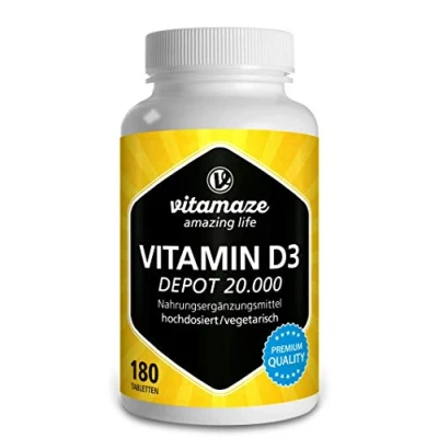 Afbeelding van Vitamine D3 hooggedoseerd 20000 IE per Tablet (Dosis voor 20 Dagen), 180 vegetarische Tabletten (deelbaar), Natuurlijk Voedingssupplement zonder Toevoegingen, Made in Germany