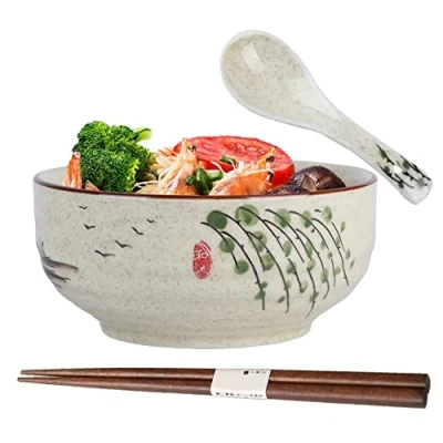 Afbeelding van Ramen Bowl, Japanse Bowl Keramiek, met Lepel Eetstokjes, Soepkommen, Porselein, Slakommen