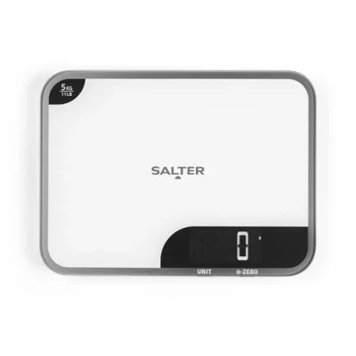 Afbeelding van Salter keukenweegschaal Digitaal LCD Scherm maximale capaciteit van 5 KG gemakkelijk afleesbaar display met achtergrondverlichting Add &amp; Weigh functie meet vloeistoffen en groot platform spiegelafwerking wit
