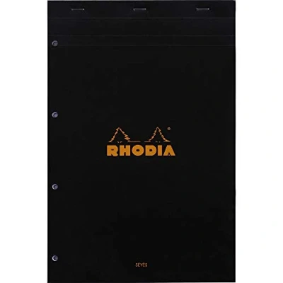 Afbeelding van Rhodia 201009C N20 Notitieblok, DIN A4+, 80 vellen g, Franse liniëring, 4 voudig geperforeerd, afneembaar en microgeperforeerd, met vaste achterkant van karton, zwart, 1 stuk