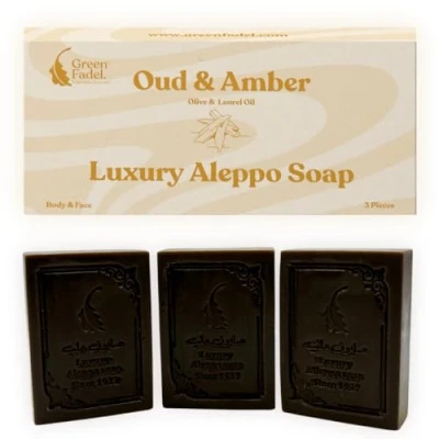 Afbeelding van GREEN FADEL (Luxury) Aleppo Zeep Origineel met Oudh &amp; Amber Aroma, 3 Stuks, Olijfolie Laurierolie, Olijfoliezeep, Natuurlijke Zeep, Luxury Soap, voor Gezicht Lichaam