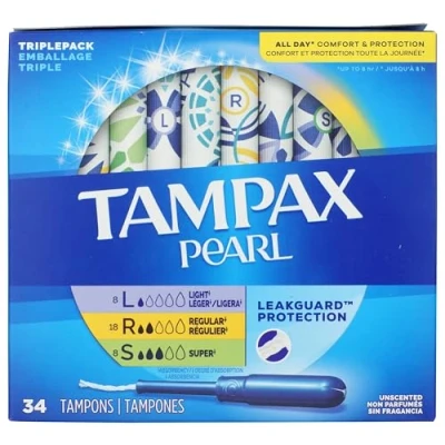 Afbeelding van Tampax Pareltampons, licht/regelmatig/super absorberend vermogen met LeakGuard vlecht, drievoudig pakket, ongeparfumeerd, 34 stuks